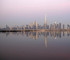 Dubai, UAE - 01.29.202 Sunrise over Dubai city skyline. Outdoors