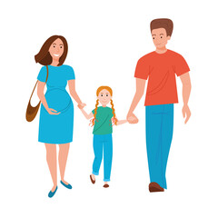 A couple of parents walk with their daughter, holding hands. A happy family walks with a child waiting for their second child. Vector illustration in a flat style.