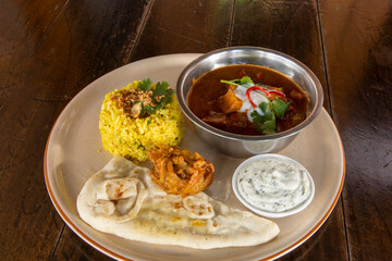 Madras Curry with Pilaf Rice and Naan Bread