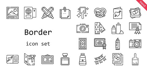border icon set. line icon style. border related icons such as paint brush, foam, scarf, certificate, photo, oil paint, photo camera, garlands, hand mirror, picture, passport, marker