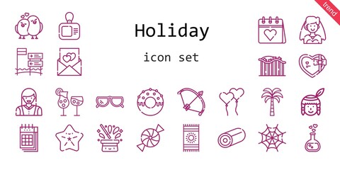 holiday icon set. line icon style. holiday related icons such as gift, native american, calendar, bride, sunglasses, woman, beach towel, candy, cocktails, bow, love potion, spider web, palm 
