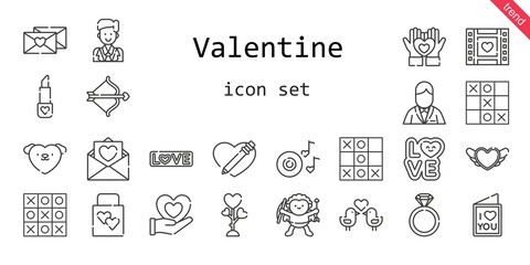 valentine icon set. line icon style. valentine related icons such as love, cupid, groom, romantic music, wedding gift, love birds, engagement ring, tic tac toe, love letter, lipstick