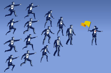 Business People Marching Lead by a Female Pioneer carrying Flag Blue Collar Illustration Concept