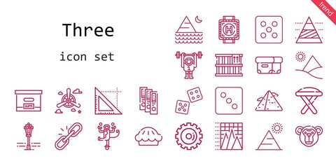 three icon set. line icon style. three related icons such as stool, monkey, propeller, street lamp, dice, link, box, pyramid chart, heliport, pie, triangle, pyramid, options, binder,