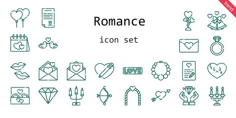 Fototapeta premium romance icon set. line icon style. romance related icons such as love, wedding ring, engagement ring, balloons, broken heart, necklace, kiss, wedding bells, heart, cupid, diamond, wedding 
