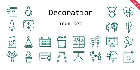 decoration icon set. line icon style. decoration related icons such as gift, calendar, stool, birdhouse, balloon, candy, father, clover, wedding day, tree, lamp, palm tree, pear
