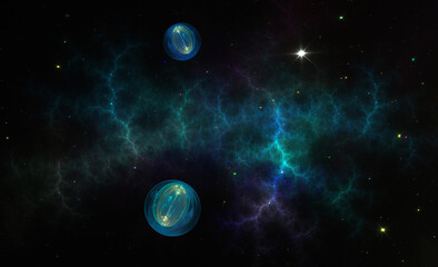 Naklejka na ściany i meble Quantum physics. Photon, atom, neutrino. Nanotechnology, nanocosmos, nanoworld. Fractal picture of nebula space background. 3d illustration.