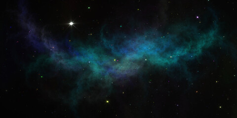 Milky way - glowing huge nebula with young stars. Abstract fractal space background. 3d illustration
