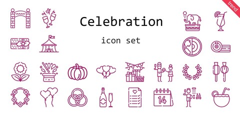 celebration icon set. line icon style. celebration related icons such as gift, laurel, shower, balloons, father, lollipop, necklace, flower, wedding planning, rings, cocktail, earth,