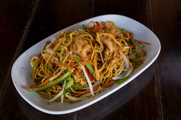 Singaporean noodles with shrimps and vegetables