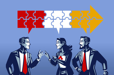 Three Business People Having Synchronous Discussion Blue Collar Illustration Concept