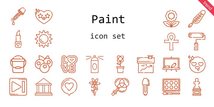 paint icon set. line icon style. paint related icons such as next, love, blackboard, paint roller, color, blueberries, cross, sculpture, quill, lipstick, eyedropper, house, sun, heart, flower