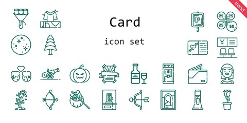 card icon set. line icon style. card related icons such as bride, gift, parking, couple, wallet, pine, mercury, cannon, tree, bouquet, photo camera, petals, picture, cupid, milkshake, bank, rose