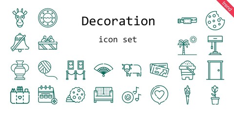decoration icon set. line icon style. decoration related icons such as calendar, love, door, sofa, ticket, cookie, belt, wool ball, ox, lamp, vase, torch, tulip, bell, sand, palm tree, fan