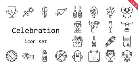 celebration icon set. line icon style. celebration related icons such as shower, confetti, groom, buffalo, wedding day, tree, ribbon, heart, champagne glass, flower, wedding car, cupid, ball, ghost