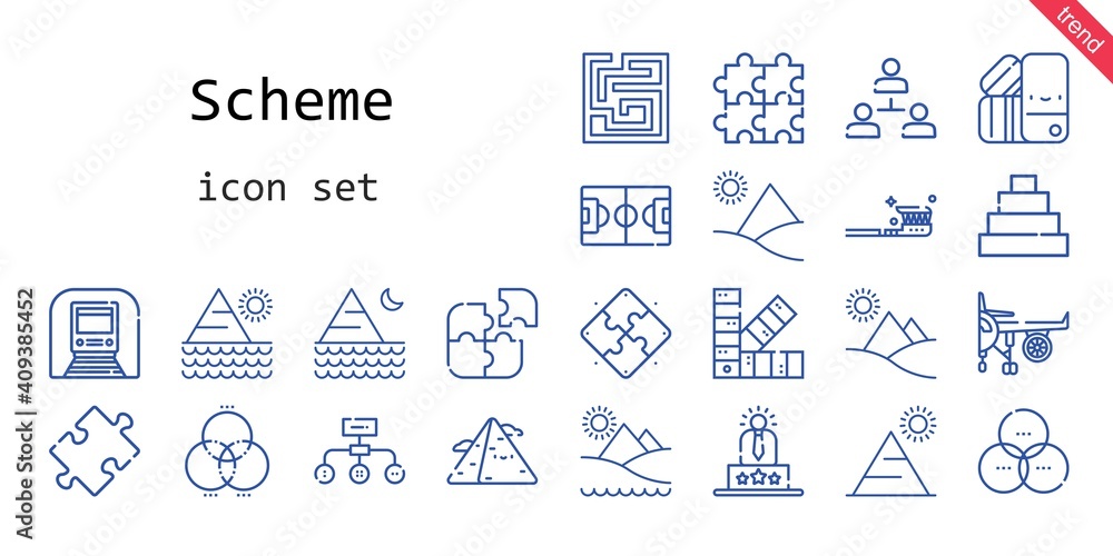 Poster scheme icon set. line icon style. scheme related icons such as engine, underground, puzzle, hierarch
