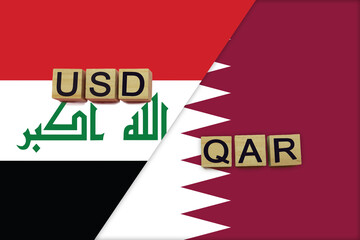 Iraq and Qatar currencies codes on national flags background