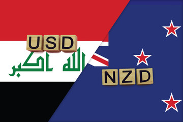 Iraq and New Zealand currencies codes on national flags background