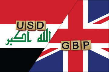 Iraq and United Kingdom currencies codes on national flags background
