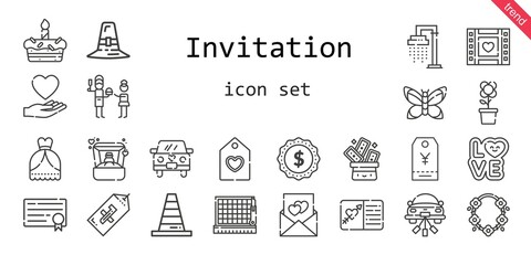 invitation icon set. line icon style. invitation related icons such as love, shower, wedding dress, ring, father, necklace, label, trick, pilgrim, wedding video, cone, flower, wedding car