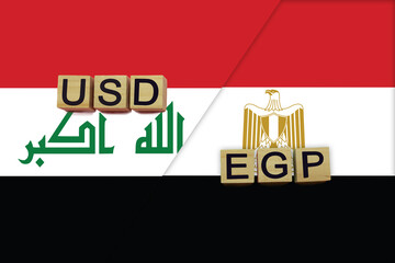 Iraq and Egypt currencies codes on national flags background