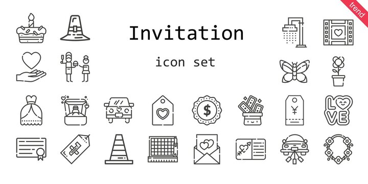 invitation icon set. line icon style. invitation related icons such as love, shower, wedding dress, ring, father, necklace, label, trick, pilgrim, wedding video, cone, flower, wedding car