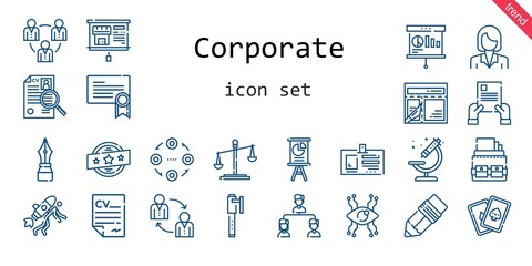 corporate icon set. line icon style. corporate related icons such as cards, law, contract, certificate, curriculum, microscope, structure, presentation, layout, id card