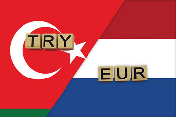 Turkey and Netherlands currencies codes on national flags background