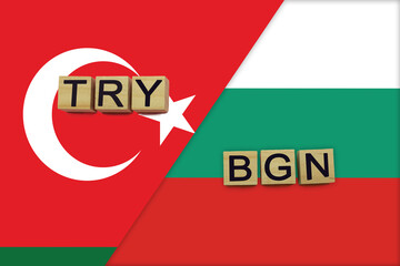 Turkey and Bulgaria currencies codes on national flags background