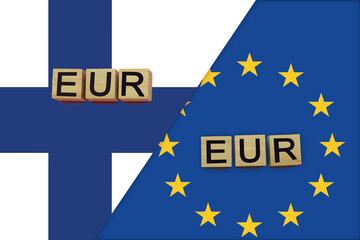 Finland and Europe currencies codes on national flags background