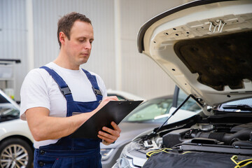 An auto mechanic does maintenance to the car.