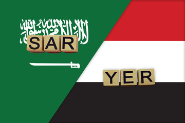 Saudi Arabia and Yemen currencies codes on national flags background
