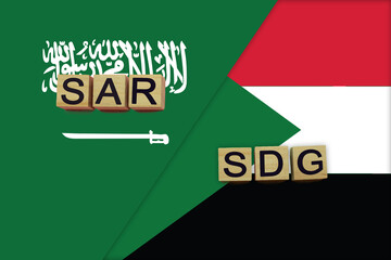 Saudi Arabia and Sudan currencies codes on national flags background