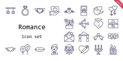 romance icon set. line icon style. romance related icons such as wedding ring, balloon, groom, couple, engagement ring, ring, garter, candles, heart, wedding car, cupid, lips