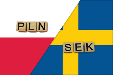 Poland and Sweden currencies codes on national flags background