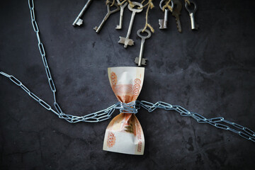 Business concept. The depreciation of the national currency. Bill with the inscription 