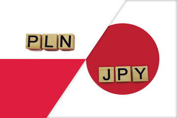 Poland and Japan currencies codes on national flags background