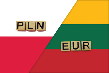 Poland and Lithuania currencies codes on national flags background