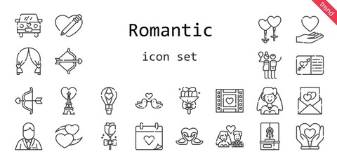 Fototapeta premium romantic icon set. line icon style. romantic related icons such as bride, eiffel tower, love, dreamcatcher, groom, couple, birch, wedding day, bouquet, wedding video, heart, swans
