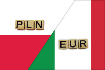 Poland and Italy currencies codes on national flags background