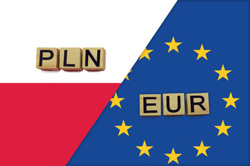 Poland and Europe currencies codes on national flags background