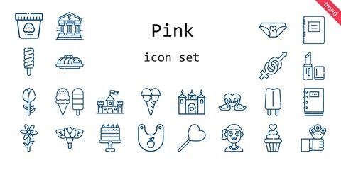 pink icon set. line icon style. pink related icons such as flowers, castle, panties, gender, lollipop, lipstick, girl, swans, popsicle, flower, bank, ice cream, cake, bib, rose, cupcake, notebook,