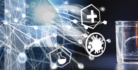 Water soluble tablets. The medicine is soluble. Anti-hangover. Effervescent tablets in a glass.