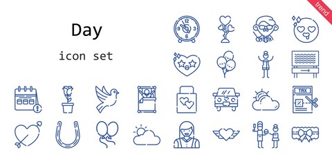 day icon set. line icon style. day related icons such as love, calendar, woman, wedding gift, balloons, garter, father, tax, wake up, clock, heart, wedding car, cupid, horseshoe, cloudy