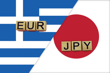 Greece and Japan currencies codes on national flags background