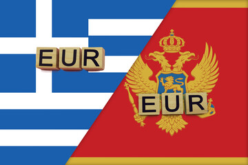 Greece and Montenegro currencies codes on national flags background