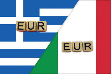Greece and Italy currencies codes on national flags background