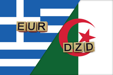 Greece and Algeria currencies codes on national flags background
