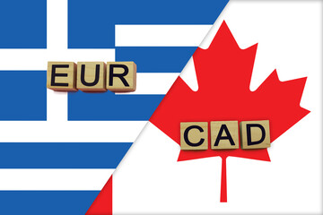 Greece and Canada currencies codes on national flags background