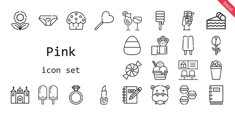 Naklejka premium pink icon set. line icon style. pink related icons such as flowers, castle, panties, candy, engagement ring, cocktails, piece of cake, check in, cup cake, lollipop, lipstick